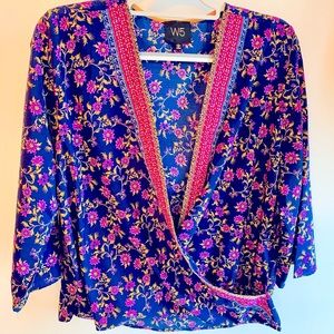 W5 Navy Floral Wrap Blouse with Pink Trim